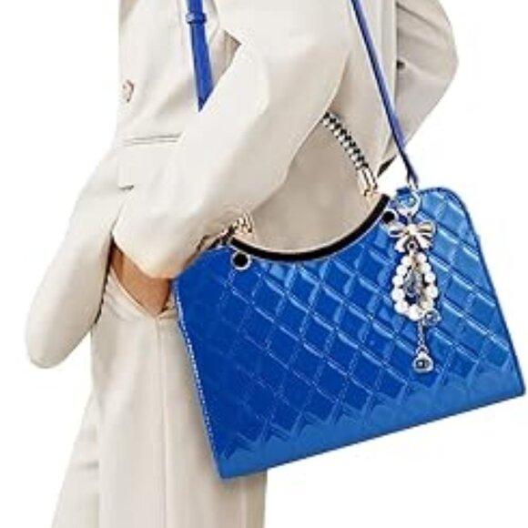 Neiman Marcus Shiny Blue Patent Leather Floral Charm Handbag - Picture 3 of 4